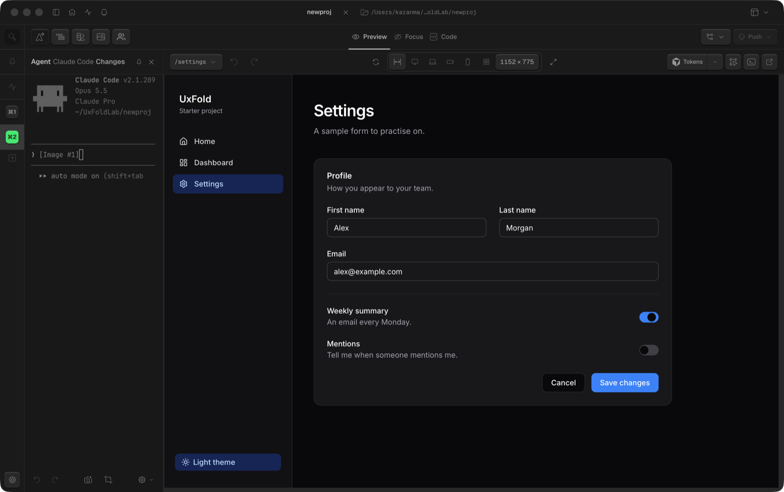 The agent prompt box with a short design change typed in